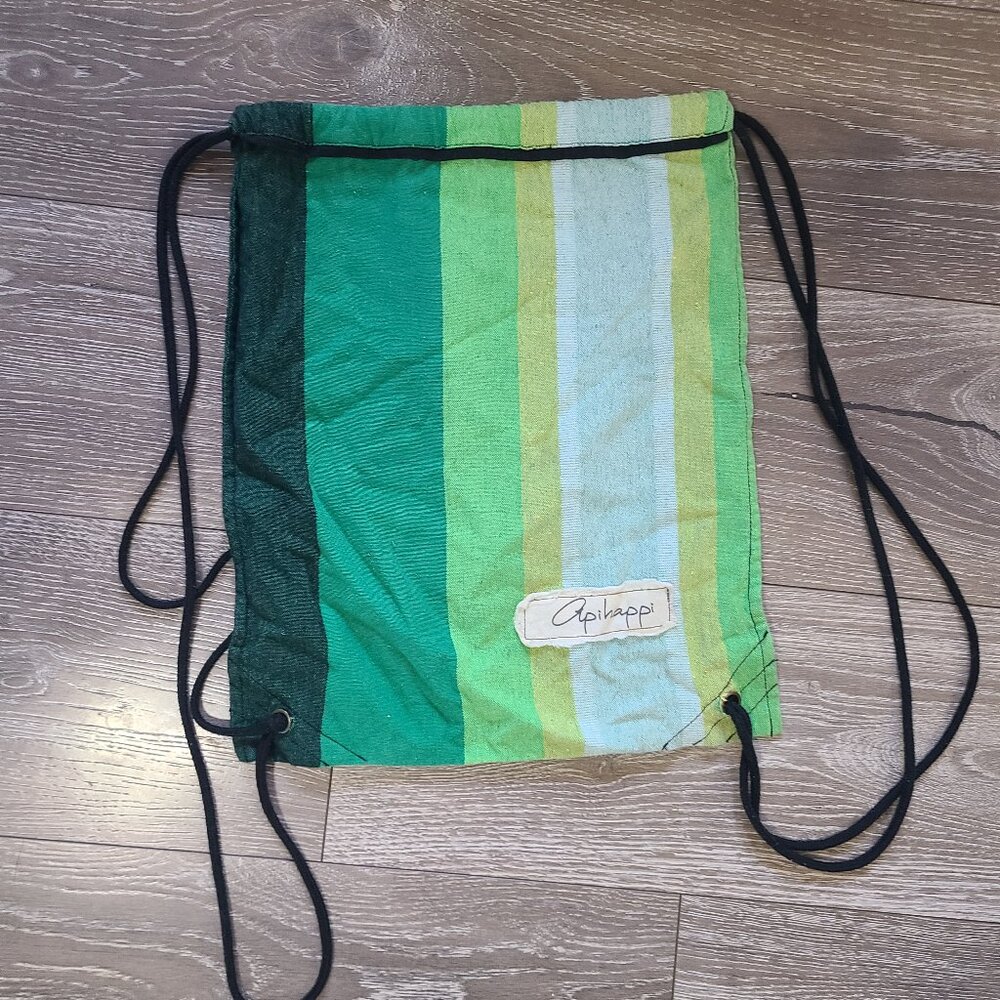 Apihappi Green Stripe Hemp Woven Drawstring Backpack